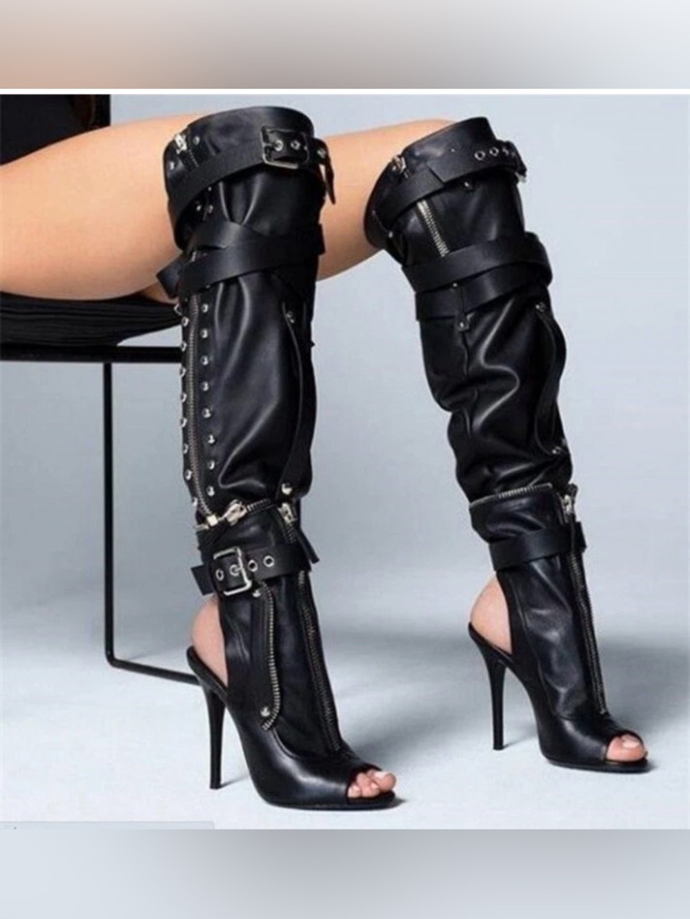 Black Convertible Thigh High Boots Women Stiletto 5” Open Toe Strappy Buckle
